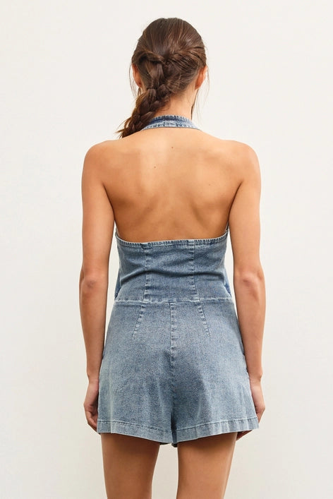 Halter Neck Button Closure Vest Romper