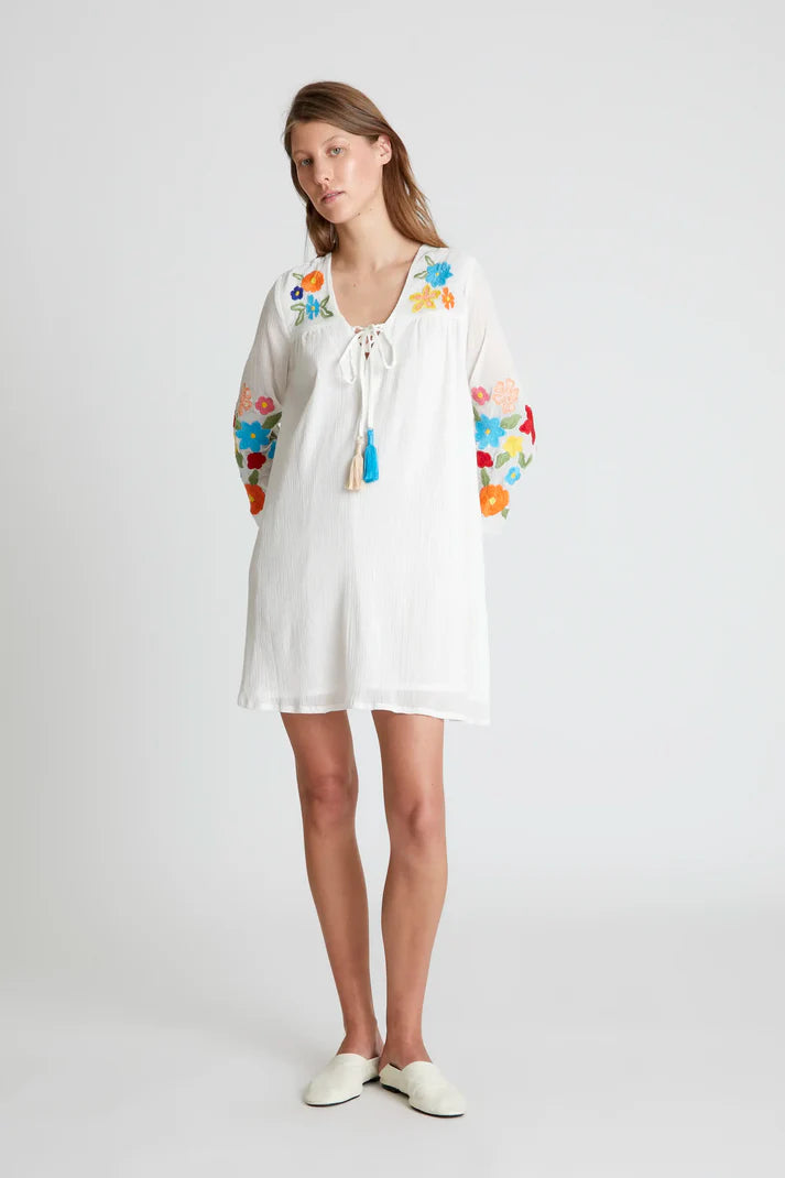 Short Dress with Embroidered Flowers