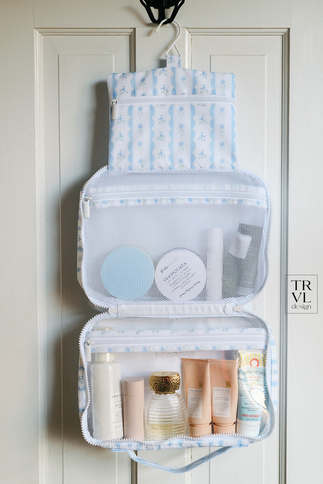 Hanging Toiletry Bag in Ribbon Floral Blue