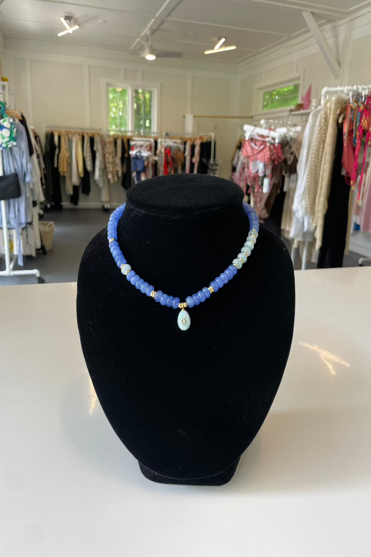 Dark and Light Blue Jade Necklace with Larimar Teardrop + Pendant