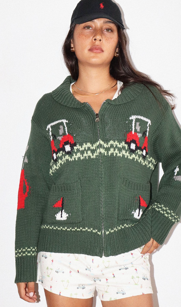 HOLE IN ONE INTARSIA ZIP SWEATER