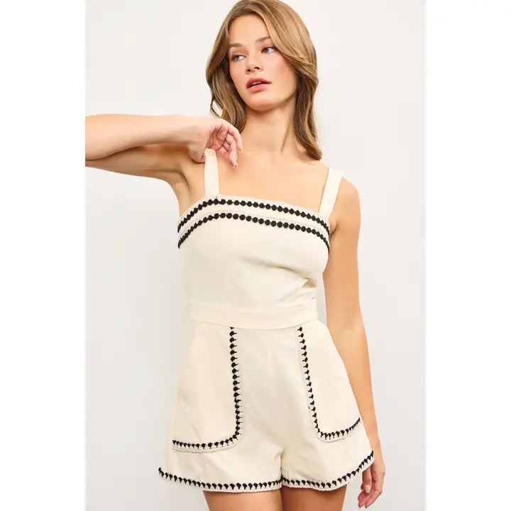 Embroidered Edge Sleeveless Romper