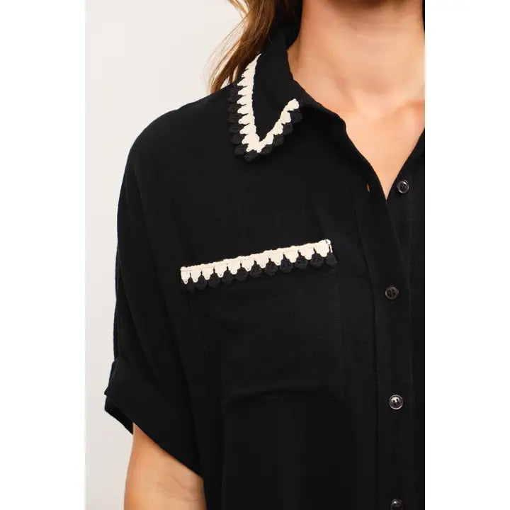 Embroidered Line Detail Short Sleeve Button Down Shirt