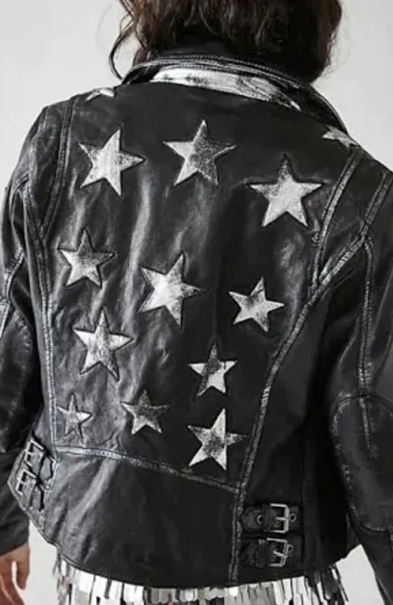 Christy Star Detail Leather Jacket, Black Silver