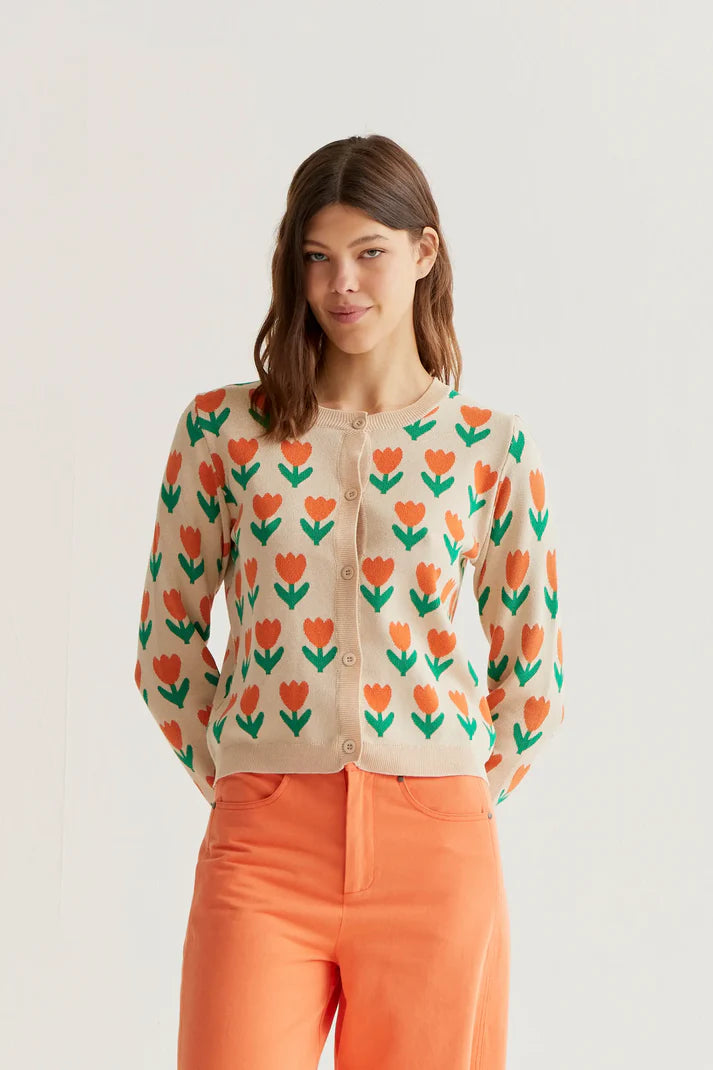 Orange Tulip print knit cardigan