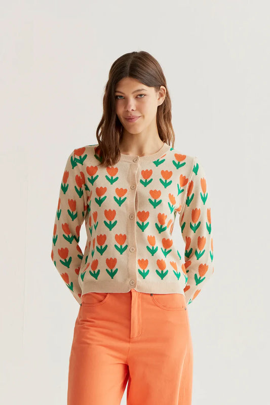 Orange Tulip print knit cardigan
