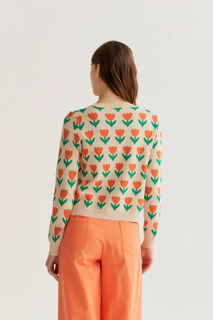 Orange Tulip print knit cardigan