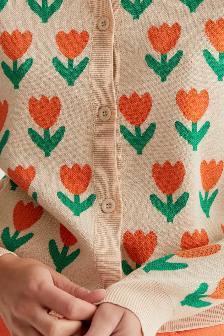 Orange Tulip print knit cardigan