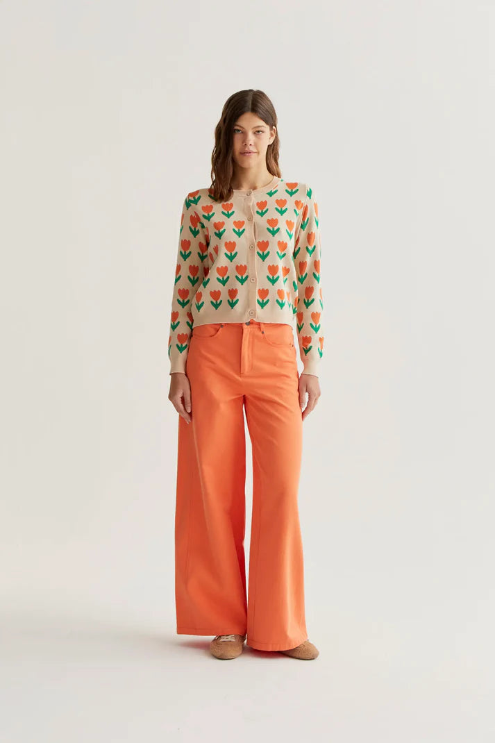 Orange Tulip print knit cardigan
