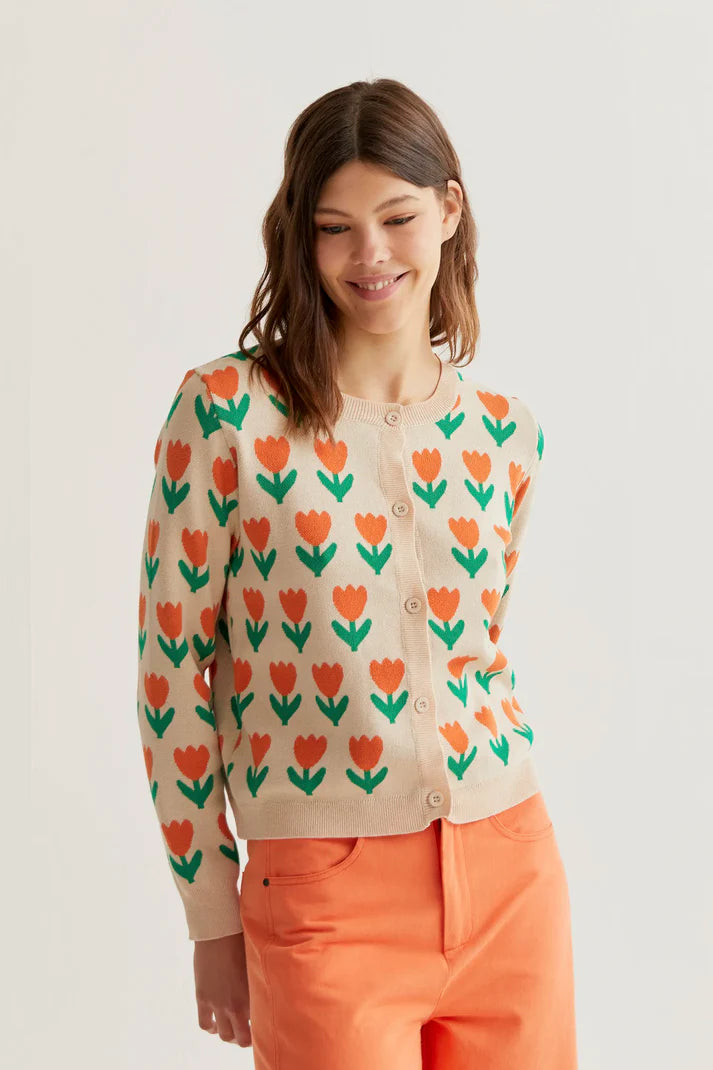 Orange Tulip print knit cardigan