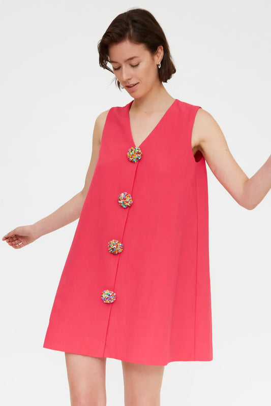 Short fuchsia dress with multicolored buttons