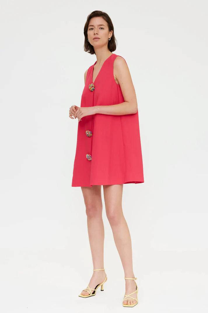 Short fuchsia dress with multicolored buttons
