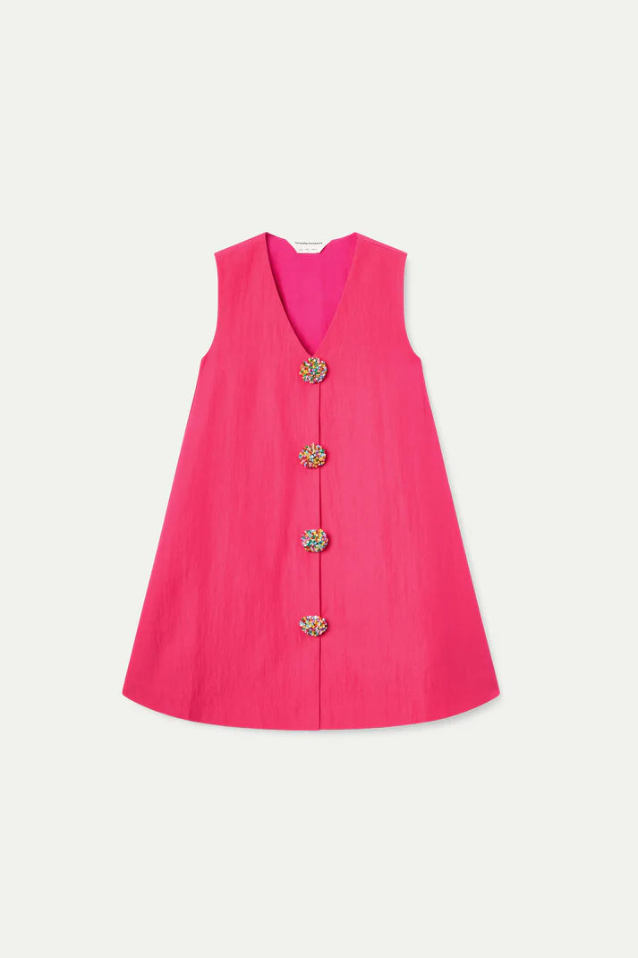 Short fuchsia dress with multicolored buttons