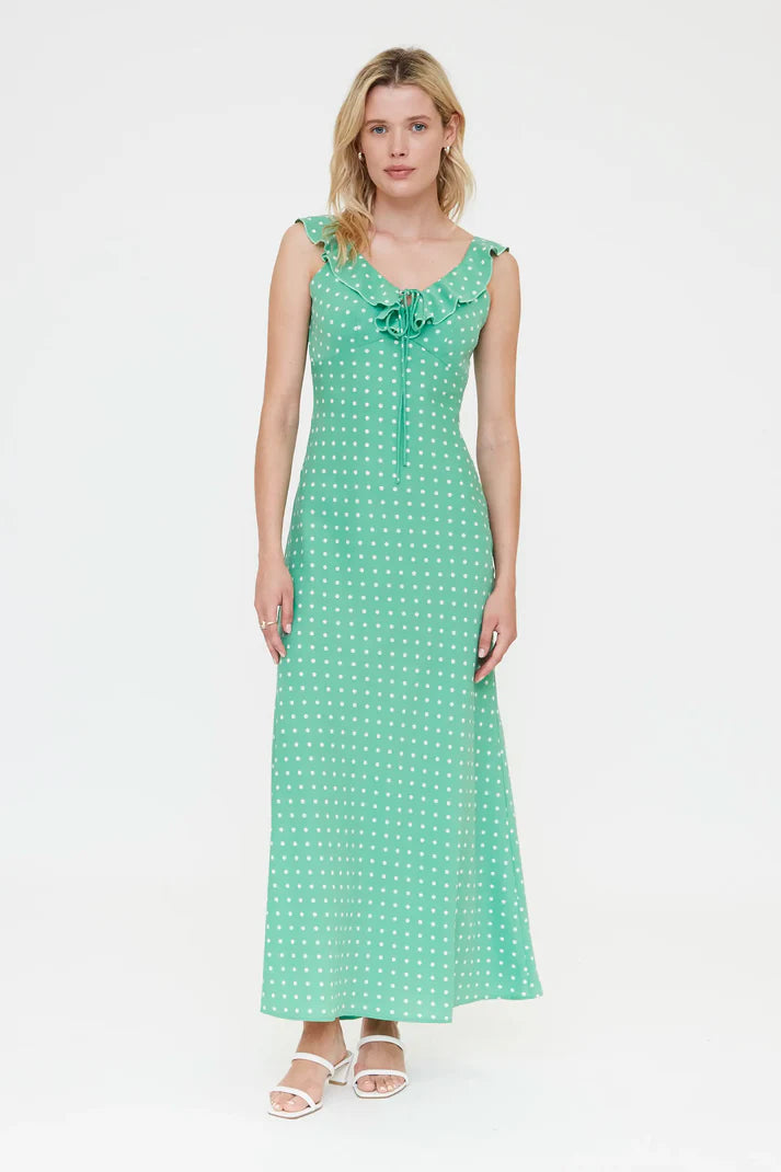 Long dress with green mini dot print