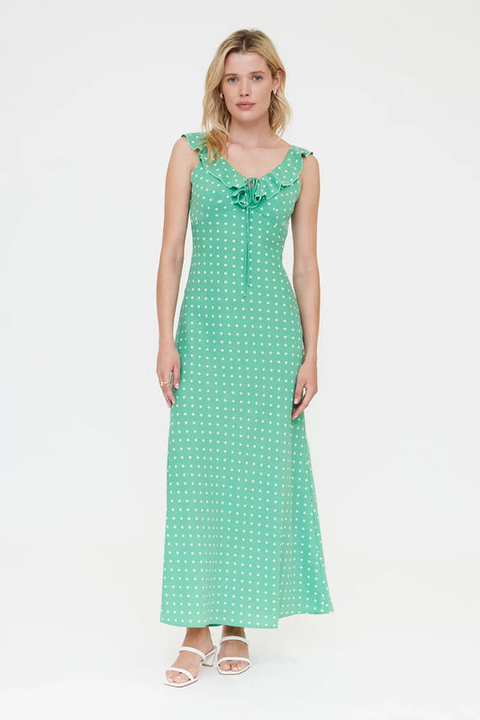 Long dress with green mini dot print