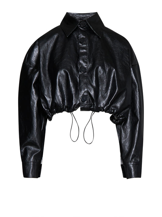 Short jacket with button closure and patch pockets