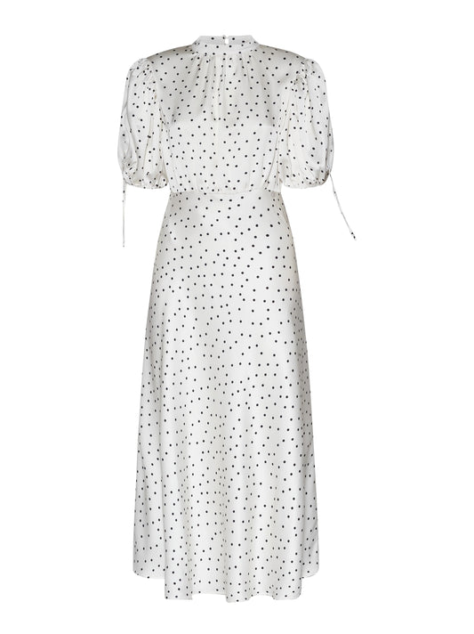 Long dress with graphic pattern and voluminous sleeves