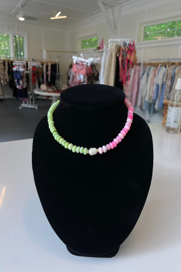 Green/Pink Opal Necklace with Center Pearl
