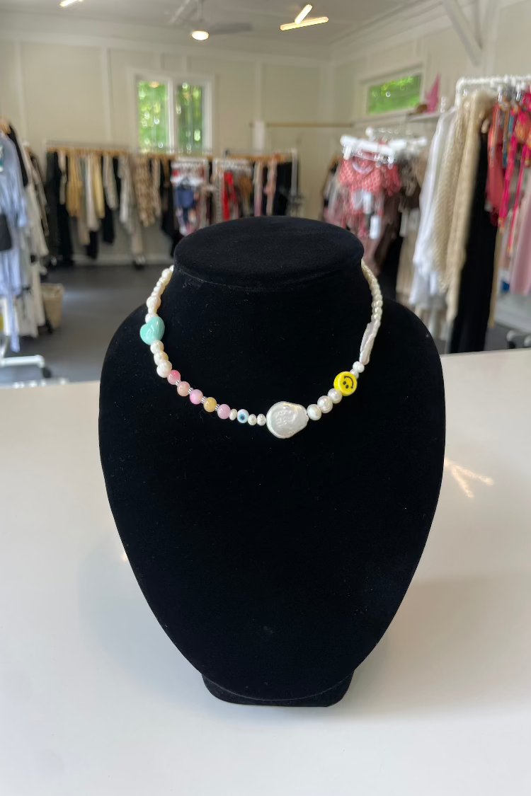 Blue Heart + Yellow Happy Face Necklace with Coin Pearl