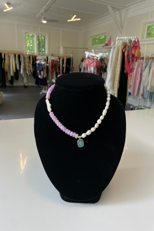 Lavender Jade and Pearl Necklace with Aqua chalcedony pendant