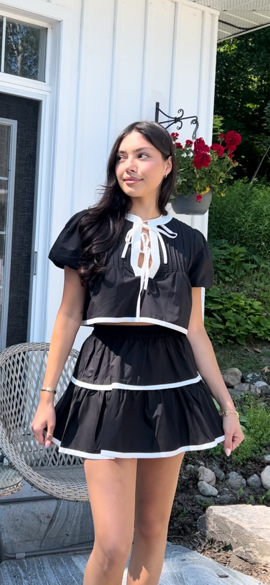 Tie Puff Sleeve Top + Mini Skirt Set