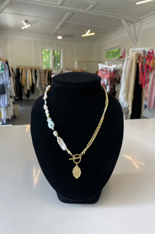 Half Gold Chain/Half Pearls + Blue Fish with Gold Flower Necklace