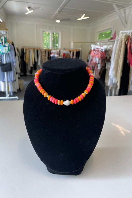 Orange/Coral/Pink Opal Necklace with Center Pearl
