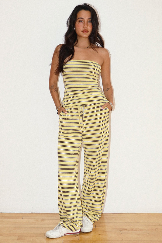 STRIPED DRAWSTRING WIDE LEG PANTS
