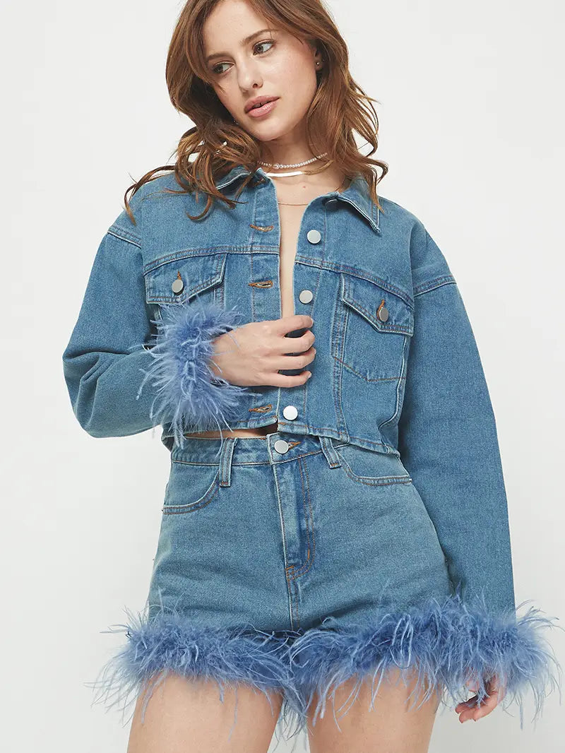 Cropped Denim Jacket With Faux Feather, The Model Is Alos Wearing A Matching Shorts