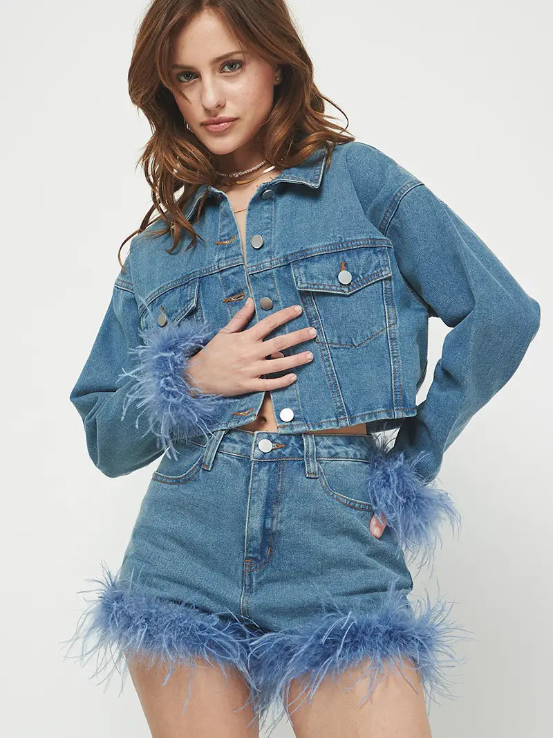 Cropped Denim Jacket With Faux Feather, The Model Is Alos Wearing A Matching Shorts